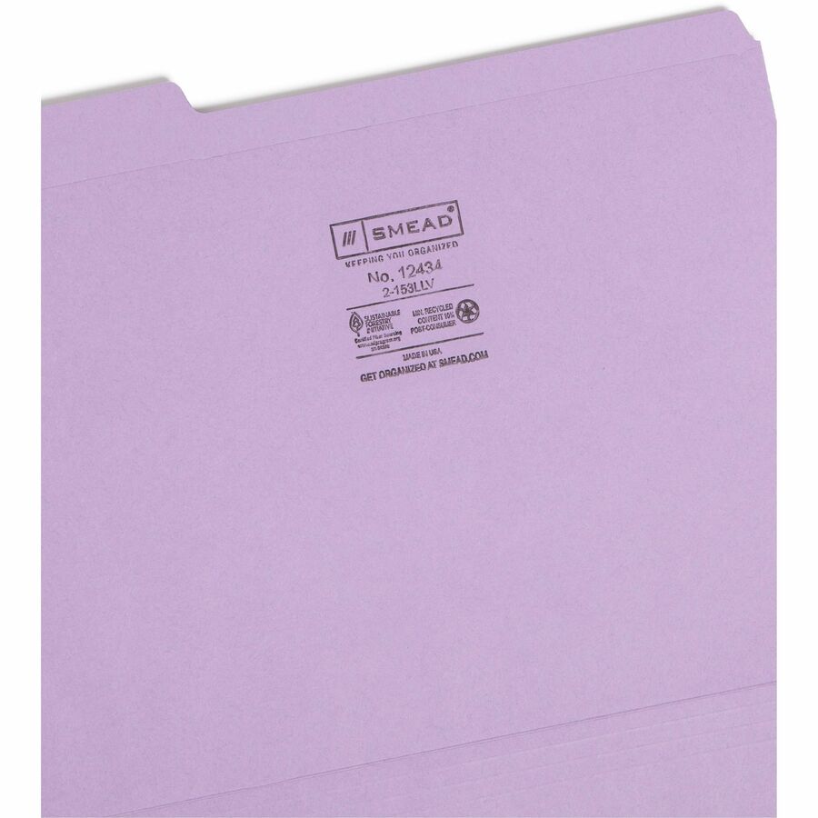 Reinforced Top Tab Colored File Folders, 1/3-Cut Tabs: Assorted, Letter Size, 0.75" Expansion, Lavender, 100/Box
