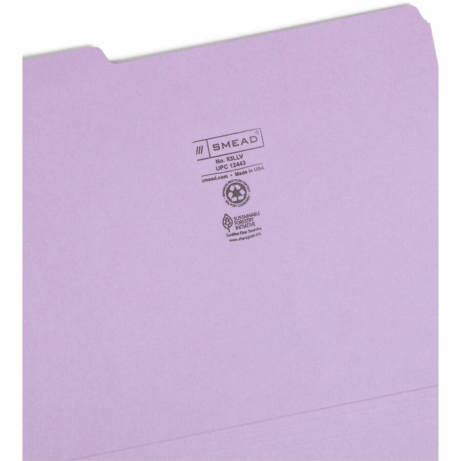 Colored File Folders, 1/3-Cut Tabs: Assorted, Letter Size, 0.75" Expansion, Lavender, 100/Box
