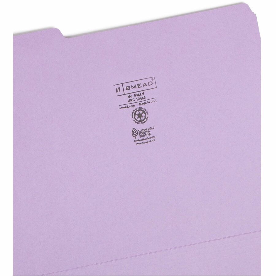 Colored File Folders, 1/3-Cut Tabs: Assorted, Letter Size, 0.75" Expansion, Lavender, 100/Box