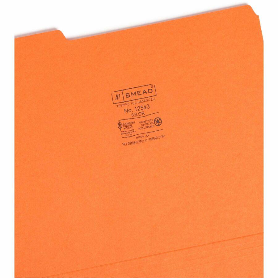 Colored File Folders, 1/3-Cut Tabs: Assorted, Letter Size, 0.75" Expansion, Orange, 100/Box
