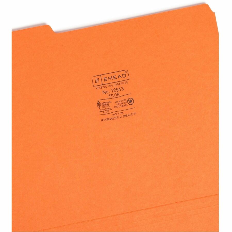 Colored File Folders, 1/3-Cut Tabs: Assorted, Letter Size, 0.75" Expansion, Orange, 100/Box