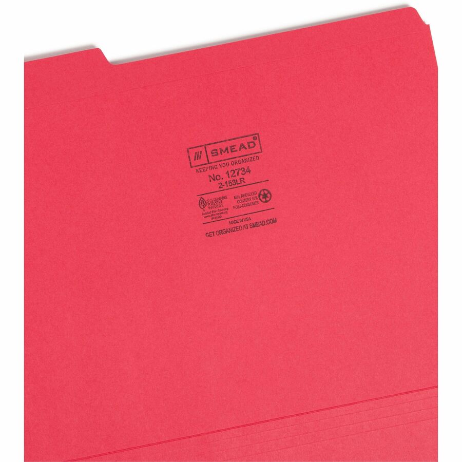 Reinforced Top Tab Colored File Folders, 1/3-Cut Tabs: Assorted, Letter Size, 0.75" Expansion, Red, 100/Box