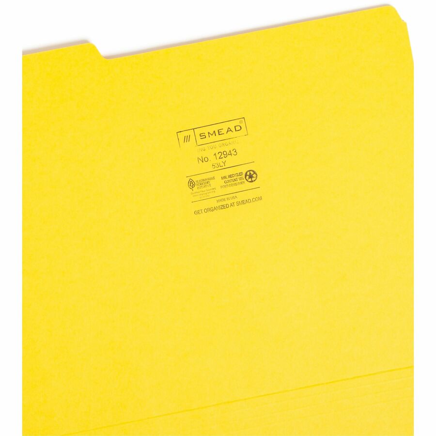 Colored File Folders, 1/3-Cut Tabs: Assorted, Letter Size, 0.75" Expansion, Yellow, 100/Box