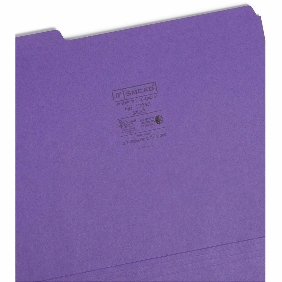 Colored File Folders, 1/3-Cut Tabs: Assorted, Letter Size, 0.75" Expansion, Purple, 100/Box