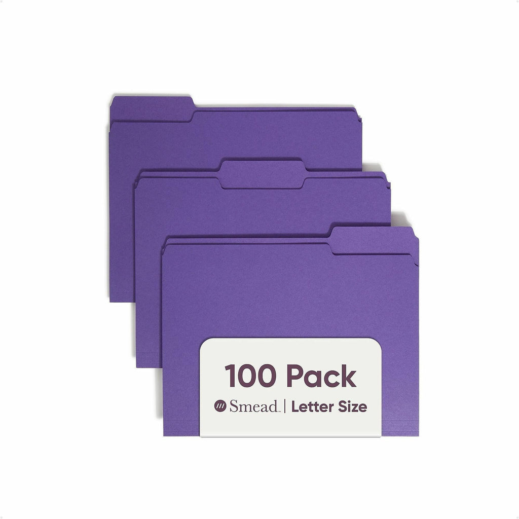 Colored File Folders, 1/3-Cut Tabs: Assorted, Letter Size, 0.75" Expansion, Purple, 100/Box