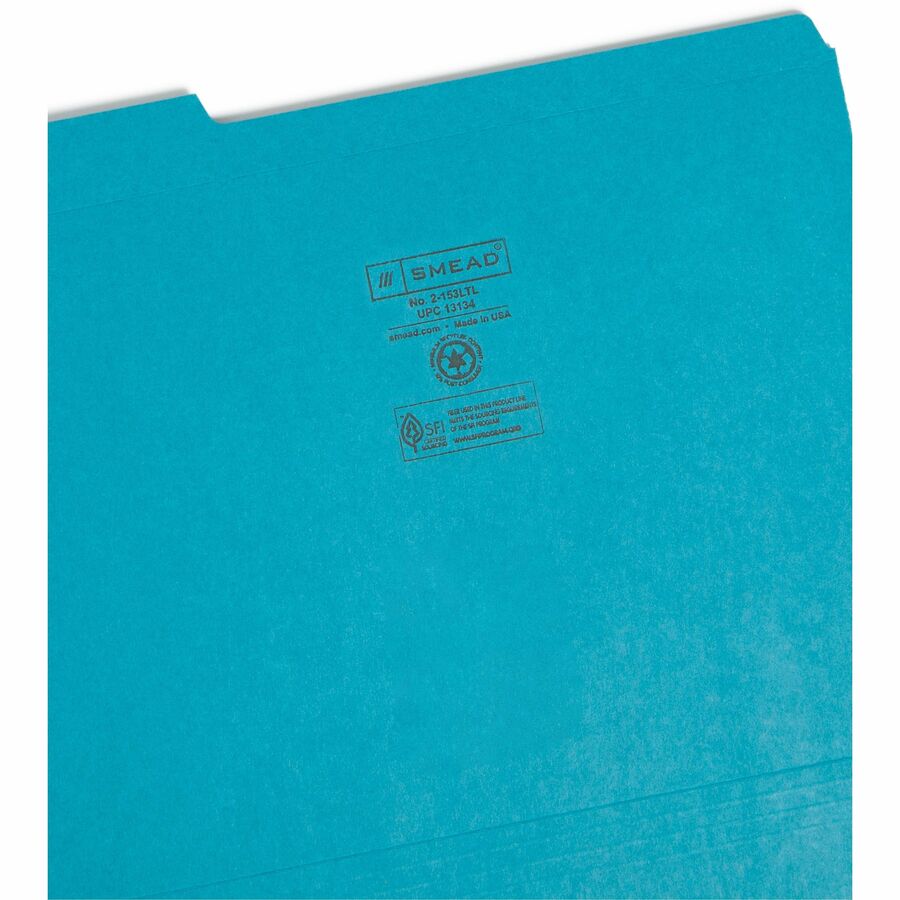 Reinforced Top Tab Colored File Folders, 1/3-Cut Tabs: Assorted, Letter Size, 0.75" Expansion, Teal, 100/Box