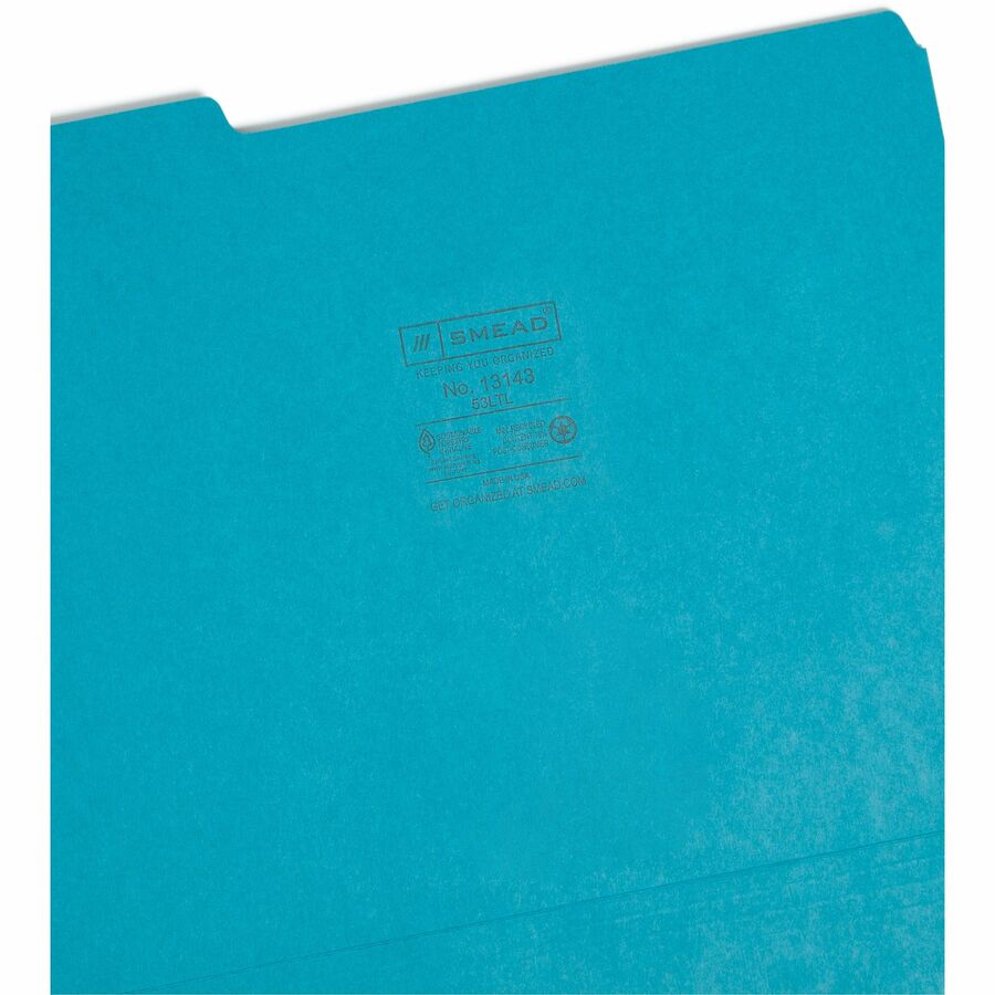 Colored File Folders, 1/3-Cut Tabs: Assorted, Letter Size, 0.75" Expansion, Teal, 100/Box