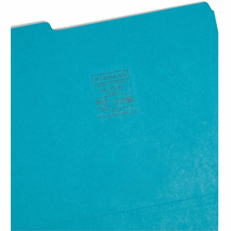 Colored File Folders, 1/3-Cut Tabs: Assorted, Letter Size, 0.75" Expansion, Teal, 100/Box