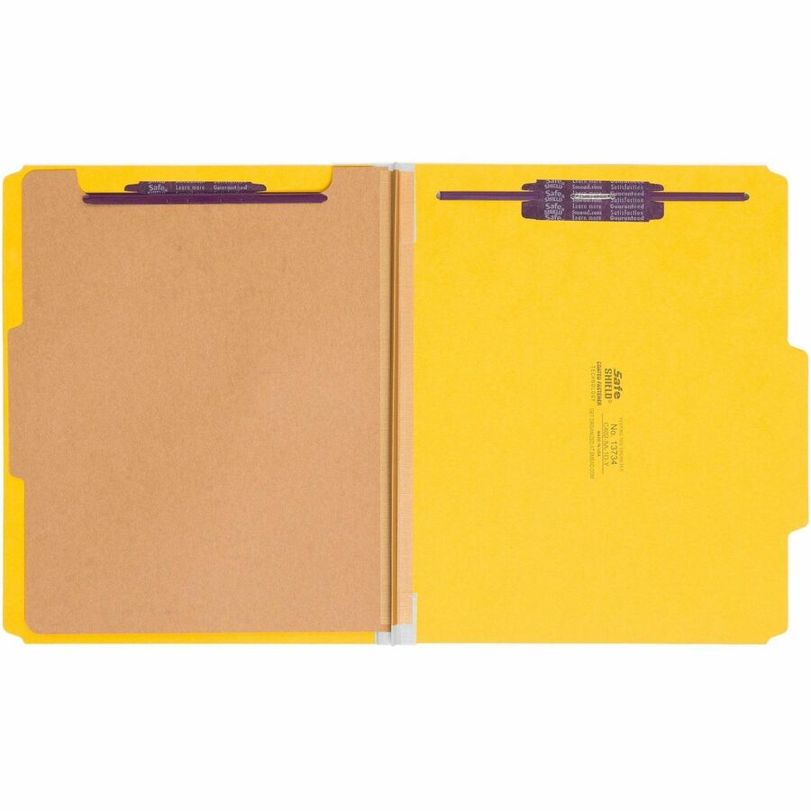 Four-Section Pressboard Top Tab Classification Folders, Four SafeSHIELD Fasteners, 1 Divider, Letter Size, Yellow, 10/Box