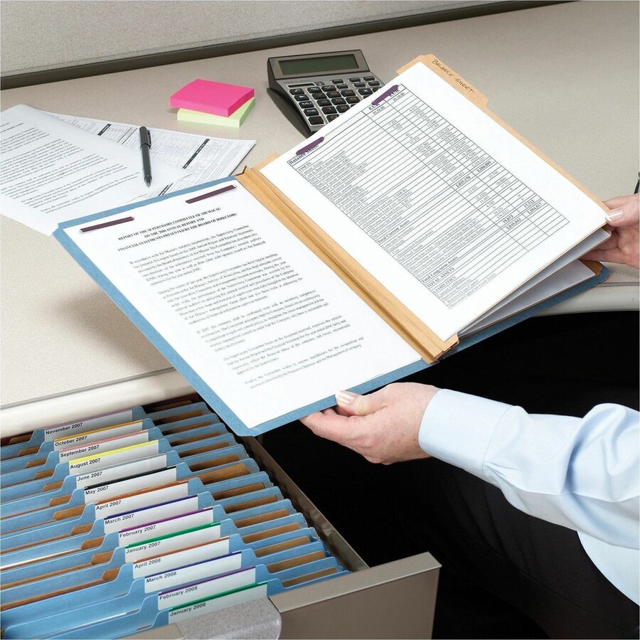 Six-Section Pressboard Top Tab Classification Folders, Six SafeSHIELD Fasteners, 2 Dividers, Letter Size, Blue, 10/Box
