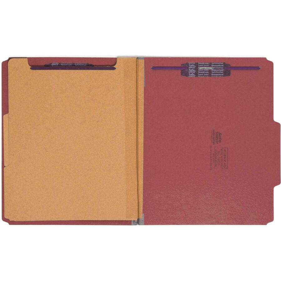 Six-Section Pressboard Top Tab Classification Folders, Six SafeSHIELD Fasteners, 2 Dividers, Letter Size, Bright Red, 10/Box