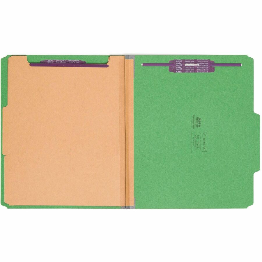 Six-Section Pressboard Top Tab Classification Folders, Six SafeSHIELD Fasteners, 2 Dividers, Letter Size, Green, 10/Box