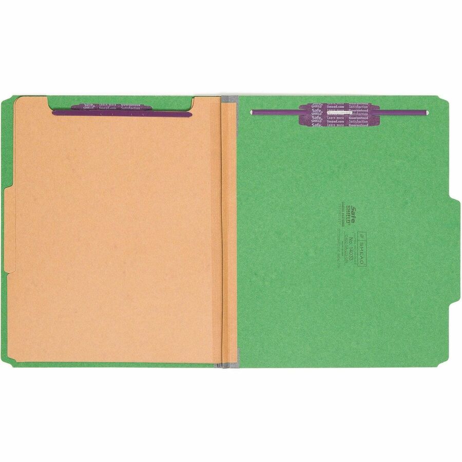 Six-Section Pressboard Top Tab Classification Folders, Six SafeSHIELD Fasteners, 2 Dividers, Letter Size, Green, 10/Box