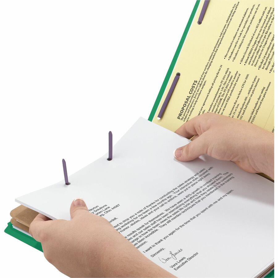 Six-Section Pressboard Top Tab Classification Folders, Six SafeSHIELD Fasteners, 2 Dividers, Letter Size, Green, 10/Box
