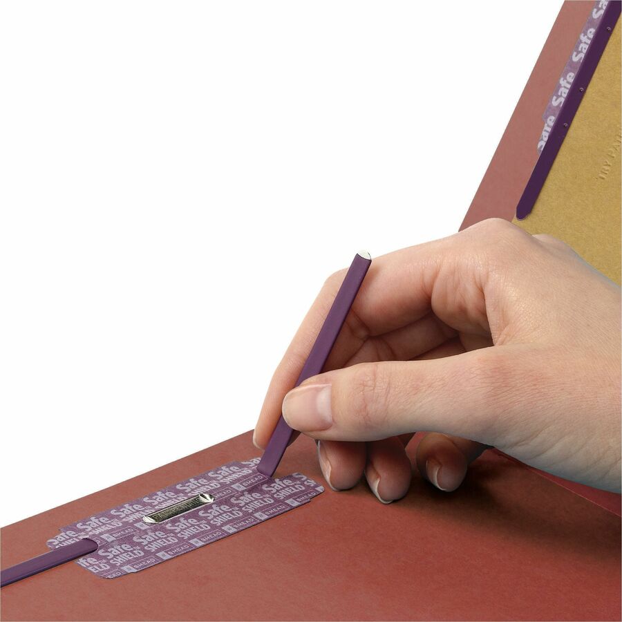 Pressboard Classification Folders, Six SafeSHIELD Fasteners, 2/5-Cut Tabs, 2 Dividers, Letter Size, Red, 10/Box