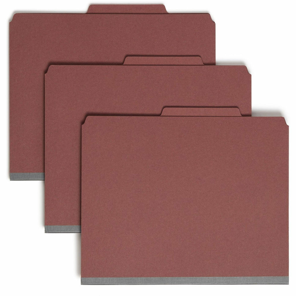 Pressboard Classification Folders, Six SafeSHIELD Fasteners, 2/5-Cut Tabs, 2 Dividers, Letter Size, Red, 10/Box