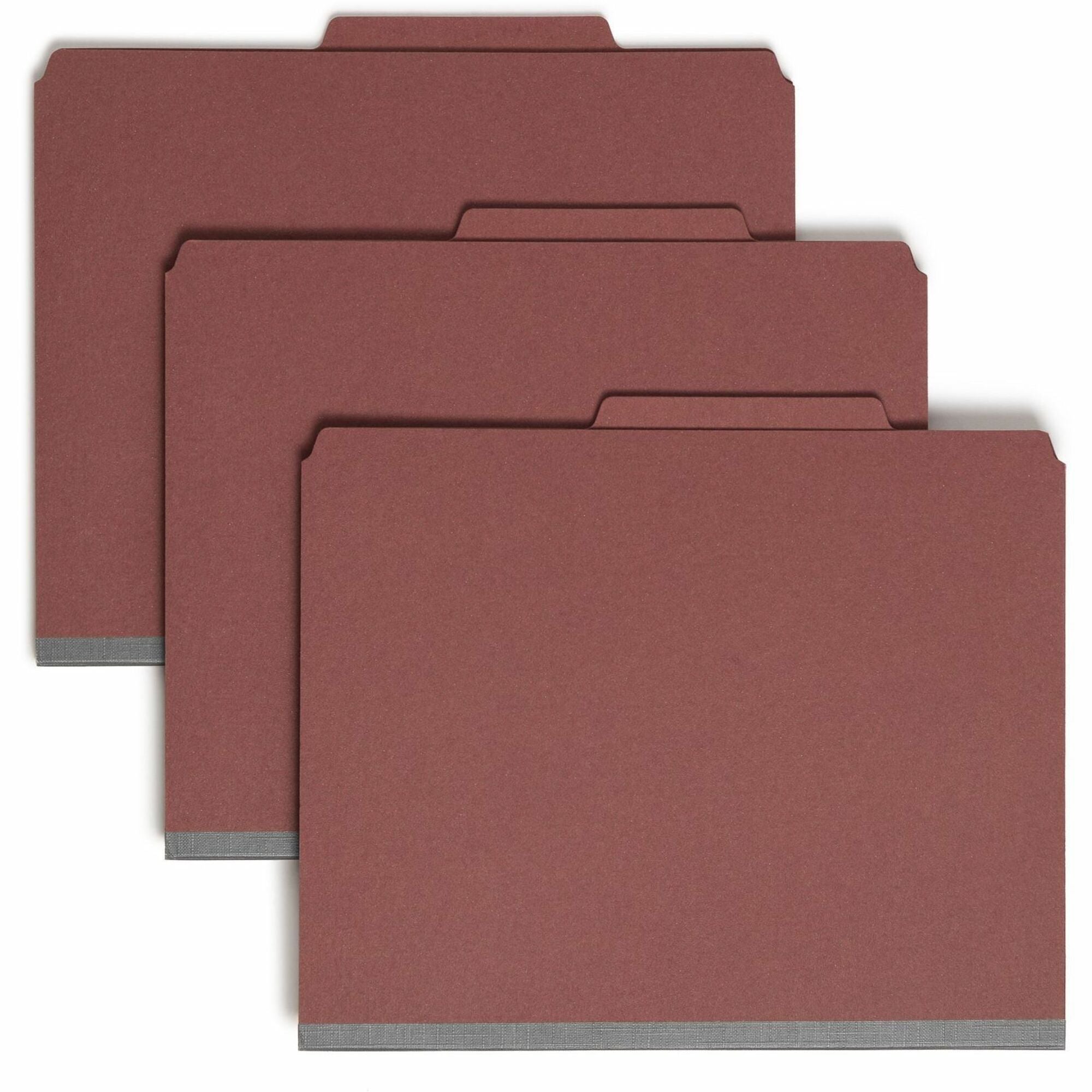 Pressboard Classification Folders, Six SafeSHIELD Fasteners, 2/5-Cut Tabs, 2 Dividers, Letter Size, Red, 10/Box