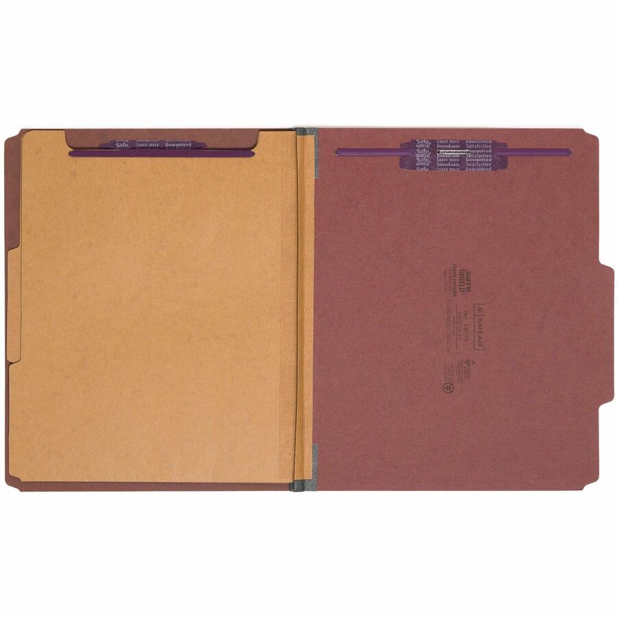 Pressboard Classification Folders, Six SafeSHIELD Fasteners, 2/5-Cut Tabs, 2 Dividers, Letter Size, Red, 10/Box