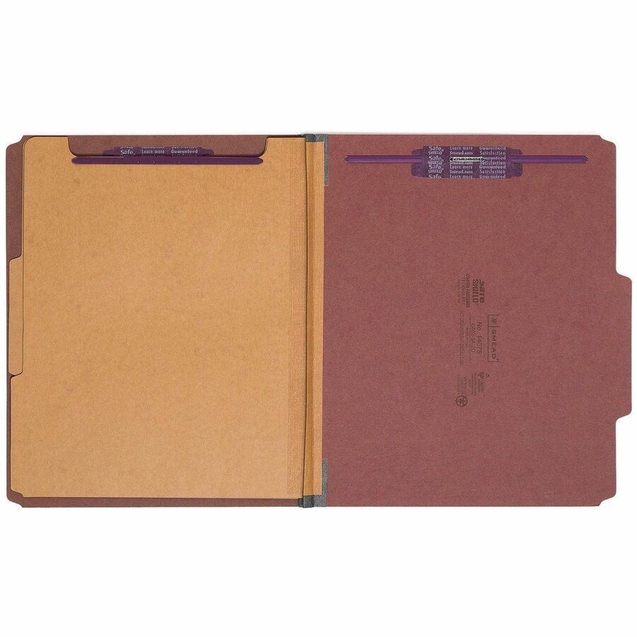 Pressboard Classification Folders, Six SafeSHIELD Fasteners, 2/5-Cut Tabs, 2 Dividers, Letter Size, Red, 10/Box