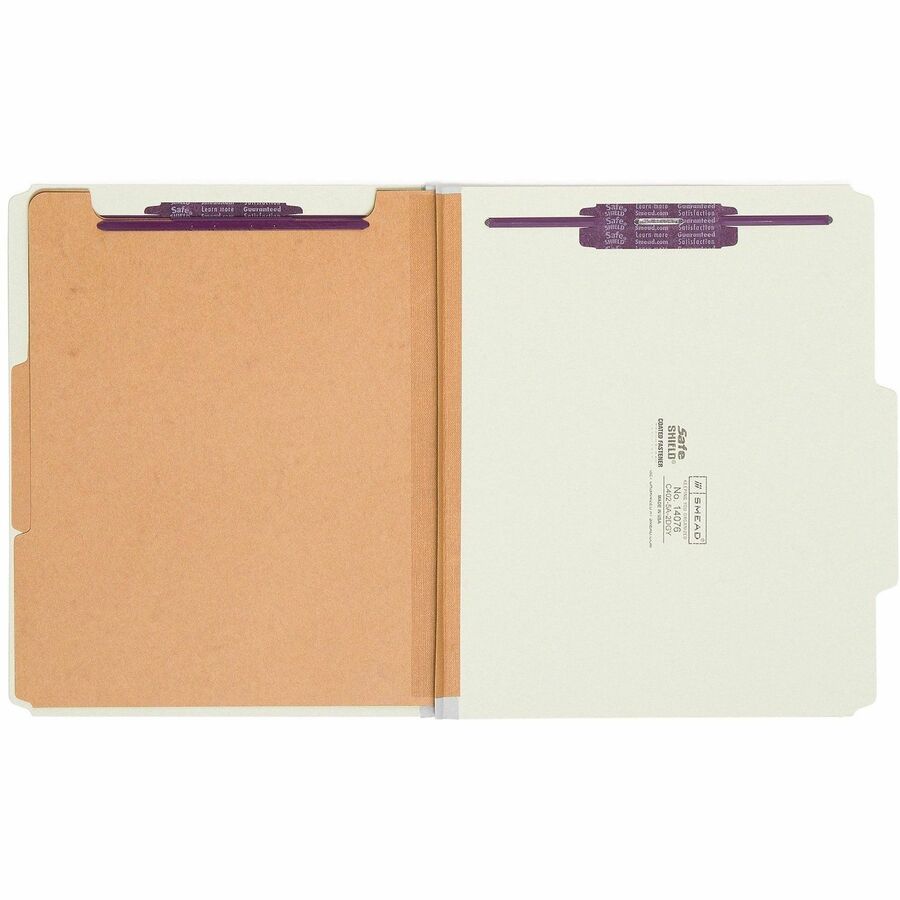 Pressboard Classification Folders, Six SafeSHIELD Fasteners, 2/5-Cut Tabs, 2 Dividers, Letter Size, Gray-Green, 10/Box