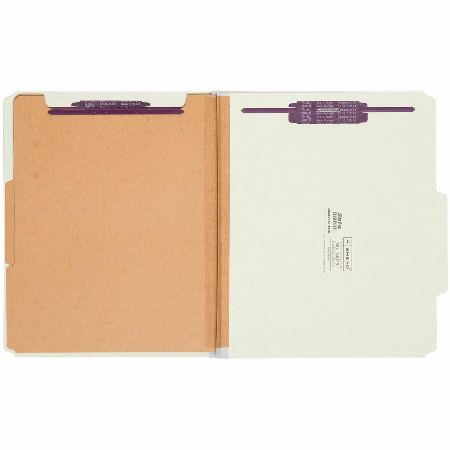 Pressboard Classification Folders, Six SafeSHIELD Fasteners, 2/5-Cut Tabs, 2 Dividers, Letter Size, Gray-Green, 10/Box