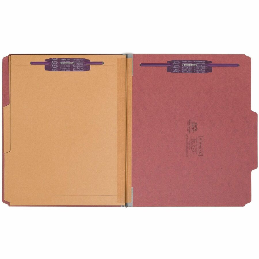 6-Section Pressboard Top Tab Pocket Classification Folders, 6 SafeSHIELD Fasteners, 2 Dividers, Letter Size, Red, 10/Box
