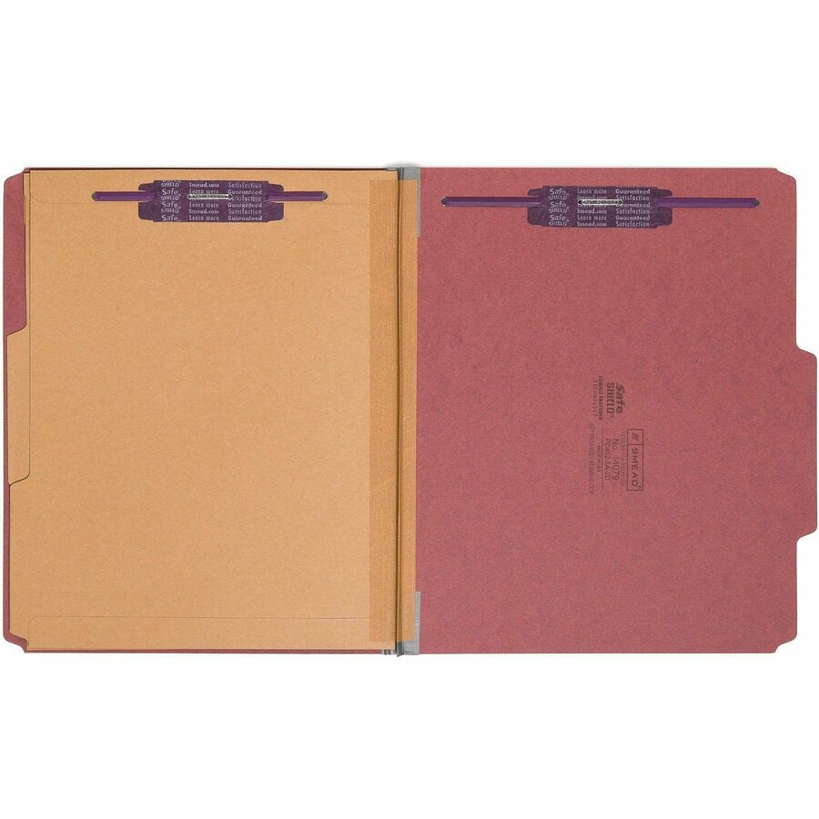 6-Section Pressboard Top Tab Pocket Classification Folders, 6 SafeSHIELD Fasteners, 2 Dividers, Letter Size, Red, 10/Box