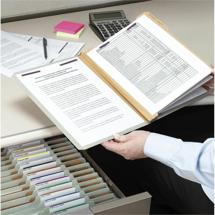 Pressboard Classification Folders, Eight SafeSHIELD Fasteners, 2/5-Cut Tabs, 3 Dividers, Letter Size, Gray-Green, 10/Box
