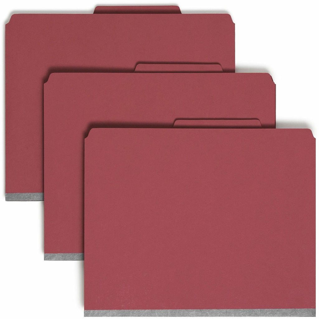 Eight-Section Pressboard Top Tab Classification Folders, 8 SafeSHIELD Fasteners, 3 Dividers, Letter Size, Bright Red, 10/Box