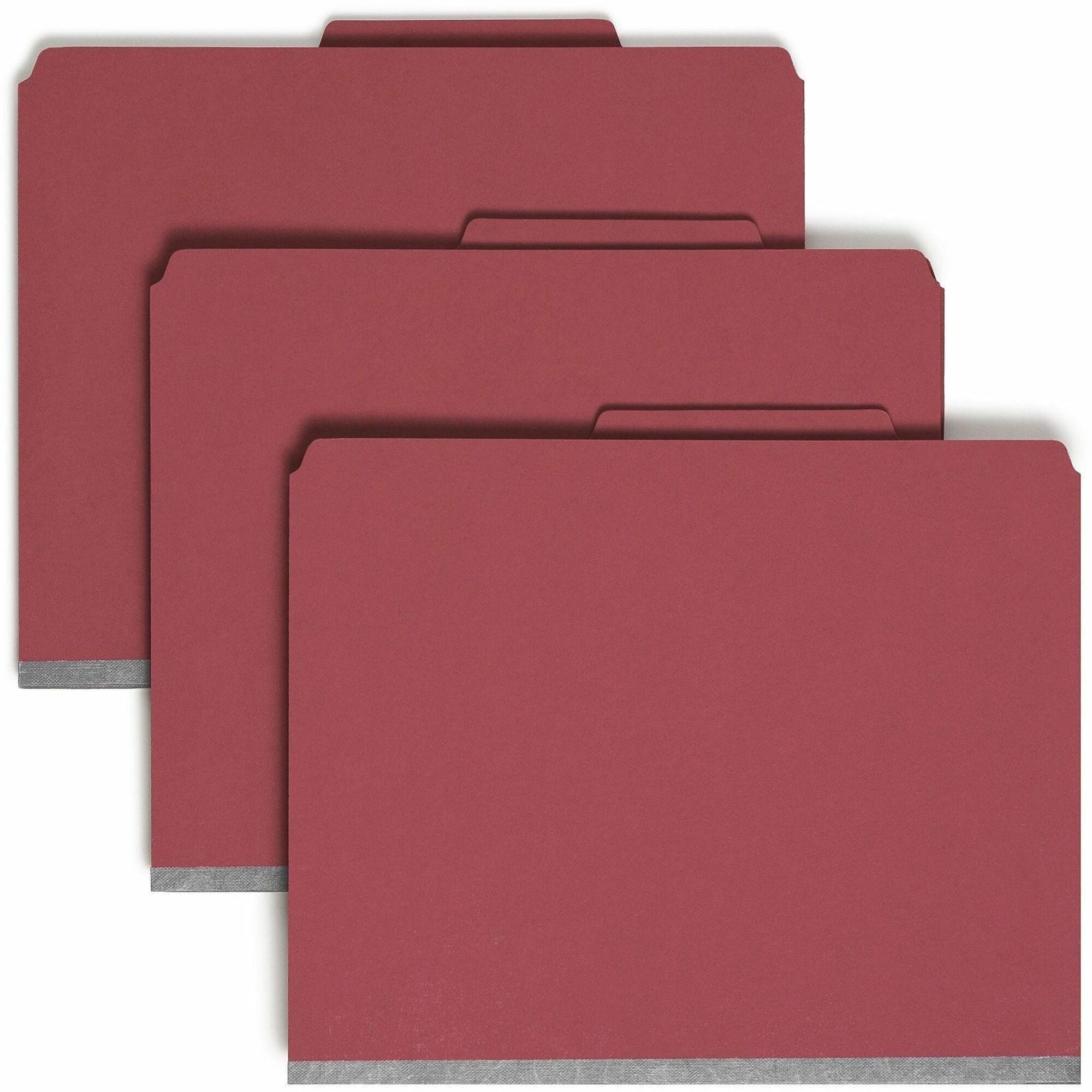 Eight-Section Pressboard Top Tab Classification Folders, 8 SafeSHIELD Fasteners, 3 Dividers, Letter Size, Bright Red, 10/Box