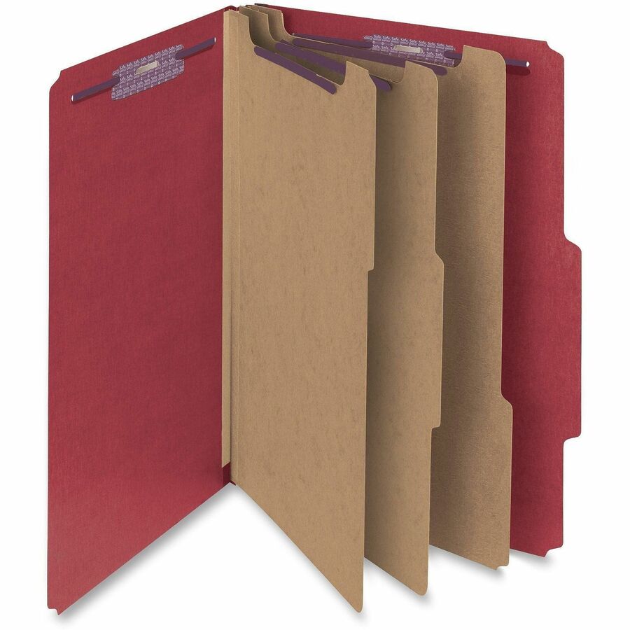 Eight-Section Pressboard Top Tab Classification Folders, 8 SafeSHIELD Fasteners, 3 Dividers, Letter Size, Bright Red, 10/Box