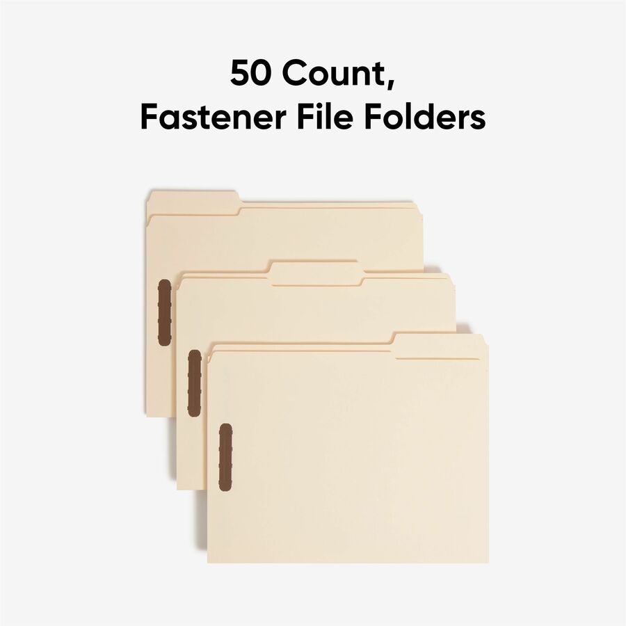 Top Tab Fastener Folders, 1/3-Cut Tabs: Assorted, 0.75" Expansion, 2 Fasteners, Letter Size, Manila Exterior, 50/Box
