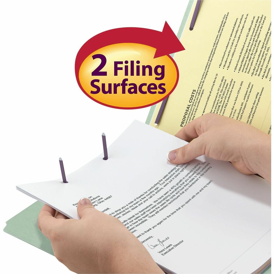 Recycled Pressboard Fastener Folders, 1/3-Cut Tabs, Two SafeSHIELD Fasteners, 1" Expansion, Letter Size, Gray-Green, 25/Box