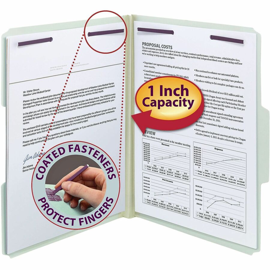 Recycled Pressboard Fastener Folders, 1/3-Cut Tabs, Two SafeSHIELD Fasteners, 1" Expansion, Letter Size, Gray-Green, 25/Box