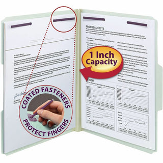 Recycled Pressboard Fastener Folders, 1/3-Cut Tabs, Two SafeSHIELD Fasteners, 1" Expansion, Letter Size, Gray-Green, 25/Box