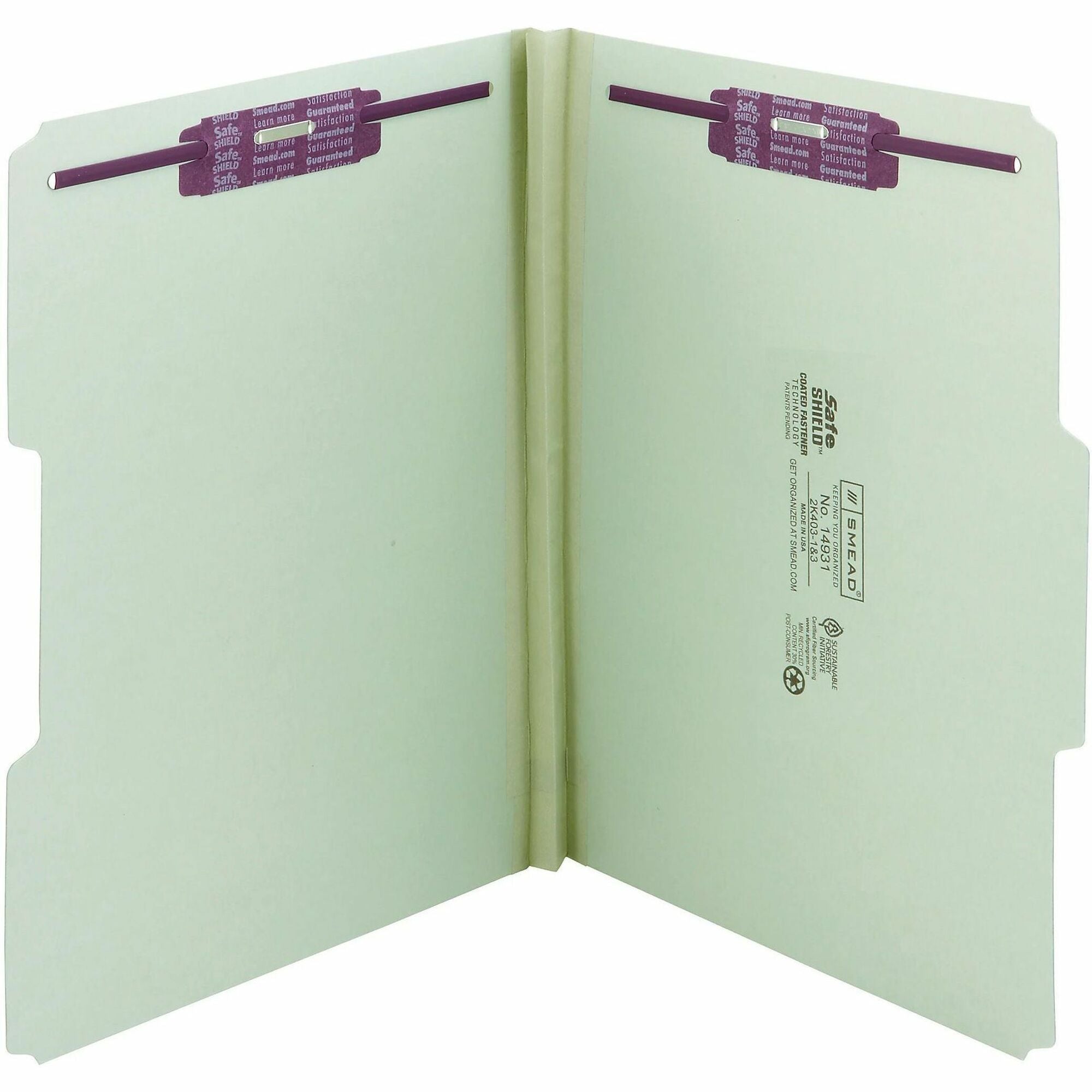 Recycled Pressboard Fastener Folders, 1/3-Cut Tabs, Two SafeSHIELD Fasteners, 1" Expansion, Letter Size, Gray-Green, 25/Box
