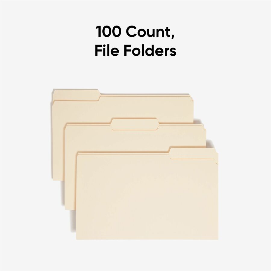 Manila File Folders, 1/3-Cut Tabs: Assorted, Legal Size, 0.75" Expansion, Manila, 100/Box