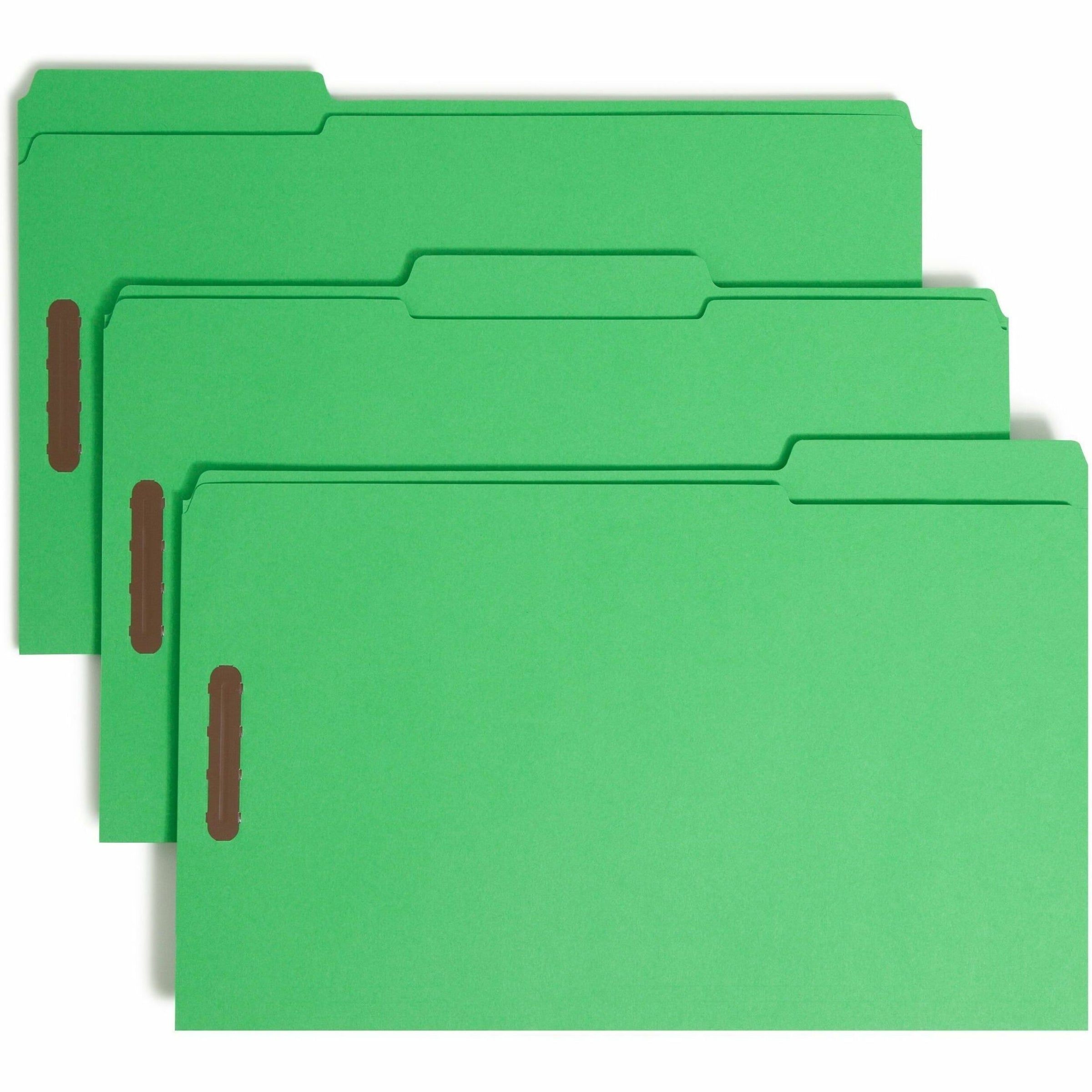 Top Tab Colored Fastener Folders, 0.75" Expansion, 2 Fasteners, Legal Size, Green Exterior, 50/Box