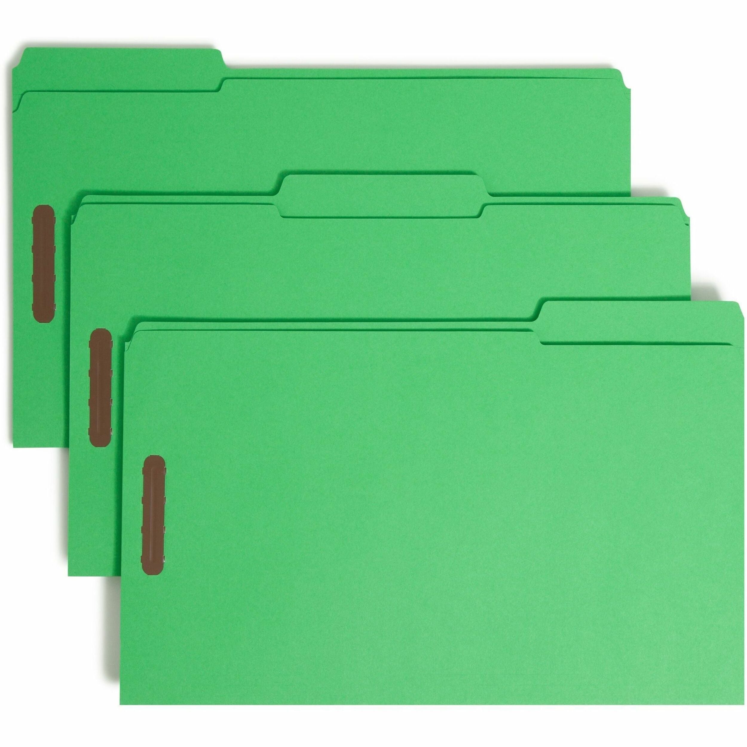 Top Tab Colored Fastener Folders, 0.75" Expansion, 2 Fasteners, Legal Size, Green Exterior, 50/Box