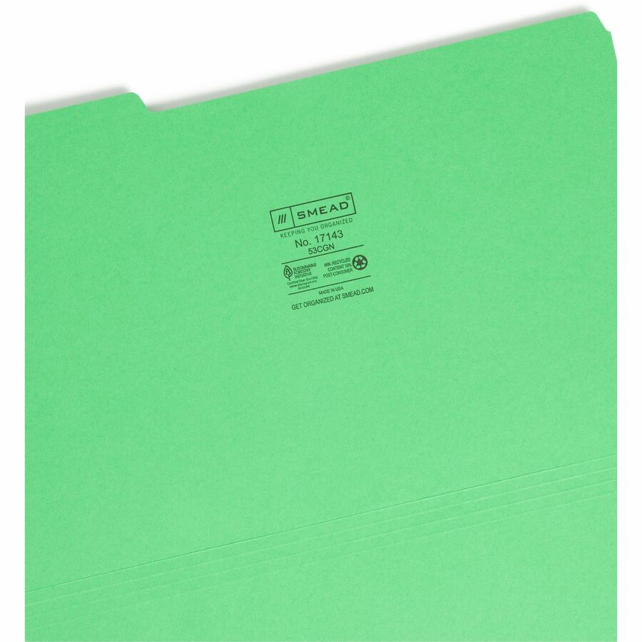 Colored File Folders, 1/3-Cut Tabs: Assorted, Legal Size, 0.75" Expansion, Green, 100/Box