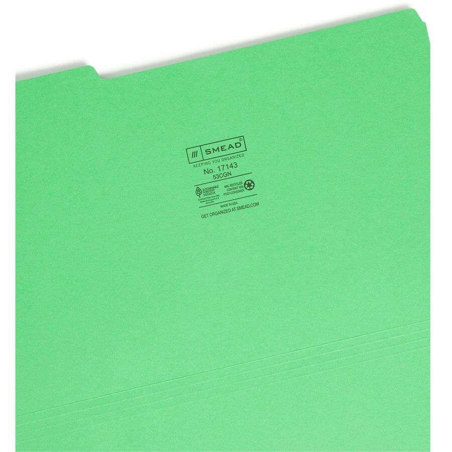 Colored File Folders, 1/3-Cut Tabs: Assorted, Legal Size, 0.75" Expansion, Green, 100/Box
