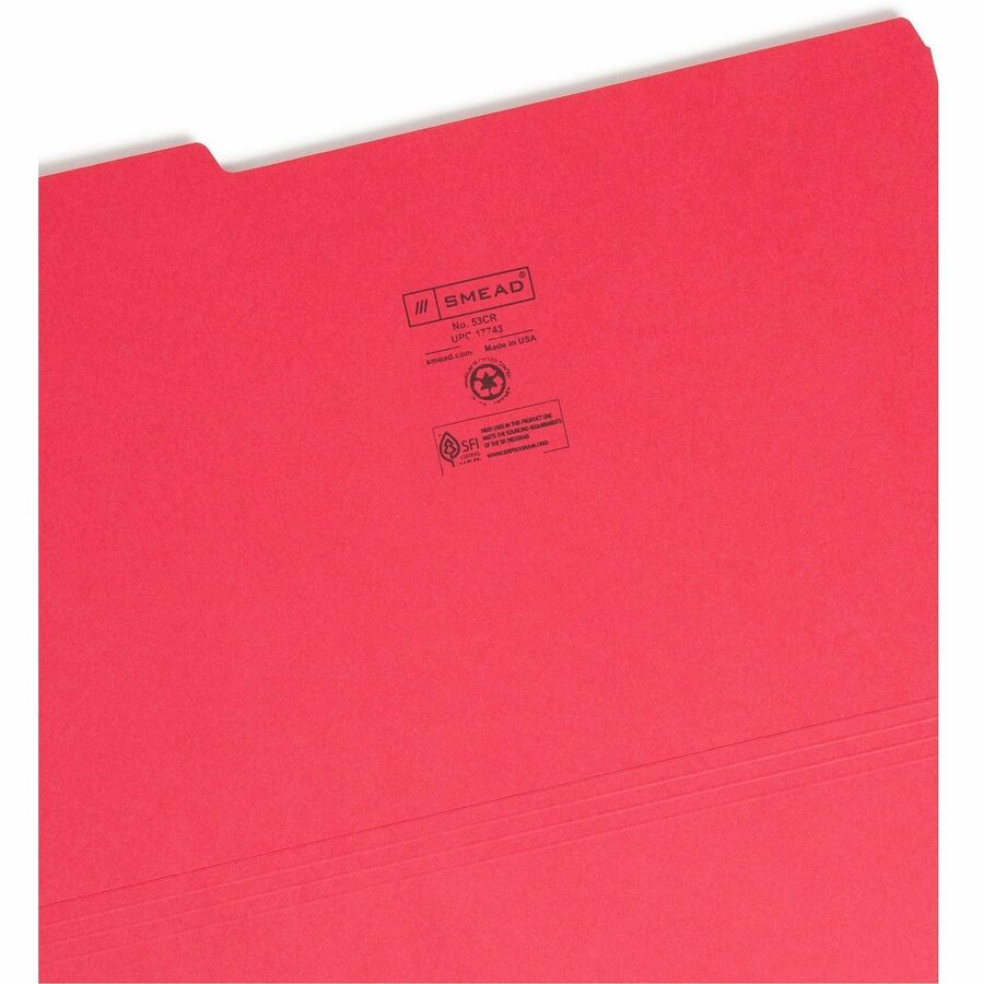 Colored File Folders, 1/3-Cut Tabs: Assorted, Legal Size, 0.75" Expansion, Red, 100/Box