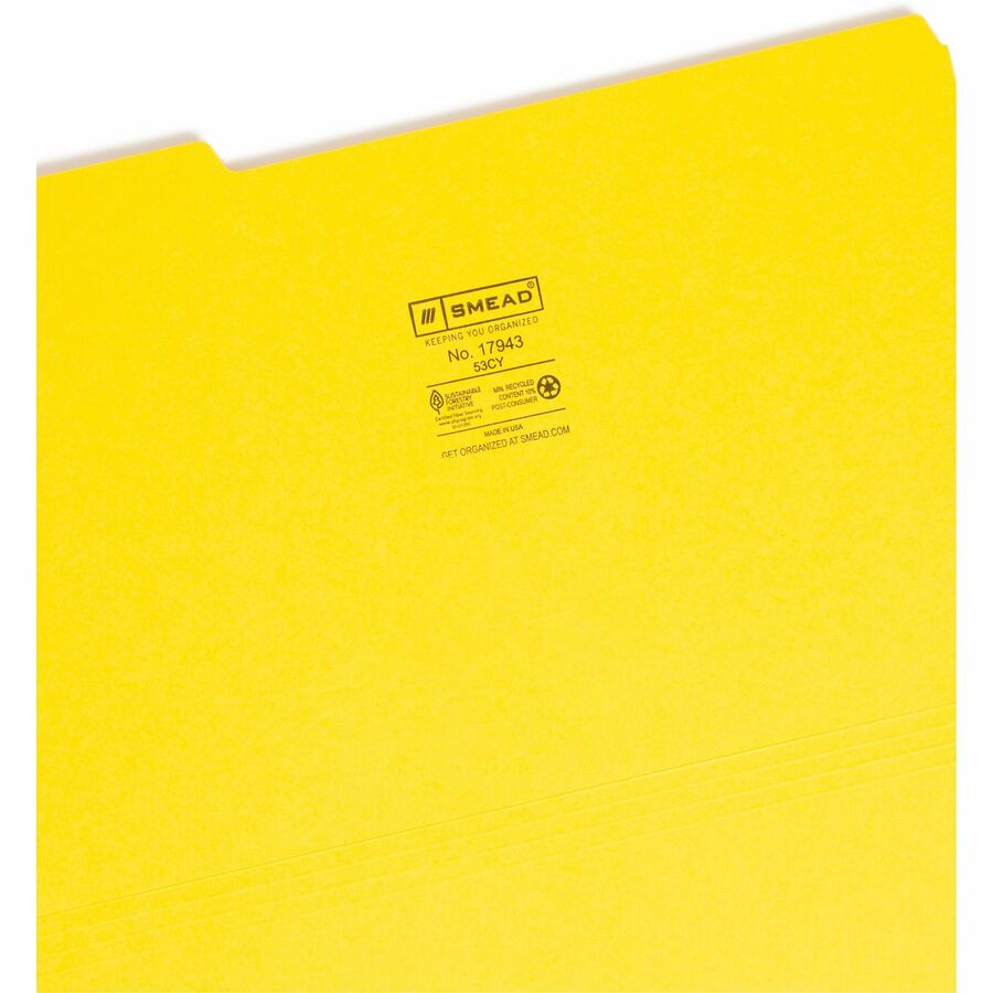 Colored File Folders, 1/3-Cut Tabs: Assorted, Legal Size, 0.75" Expansion, Yellow, 100/Box