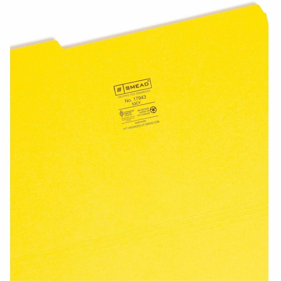 Colored File Folders, 1/3-Cut Tabs: Assorted, Legal Size, 0.75" Expansion, Yellow, 100/Box