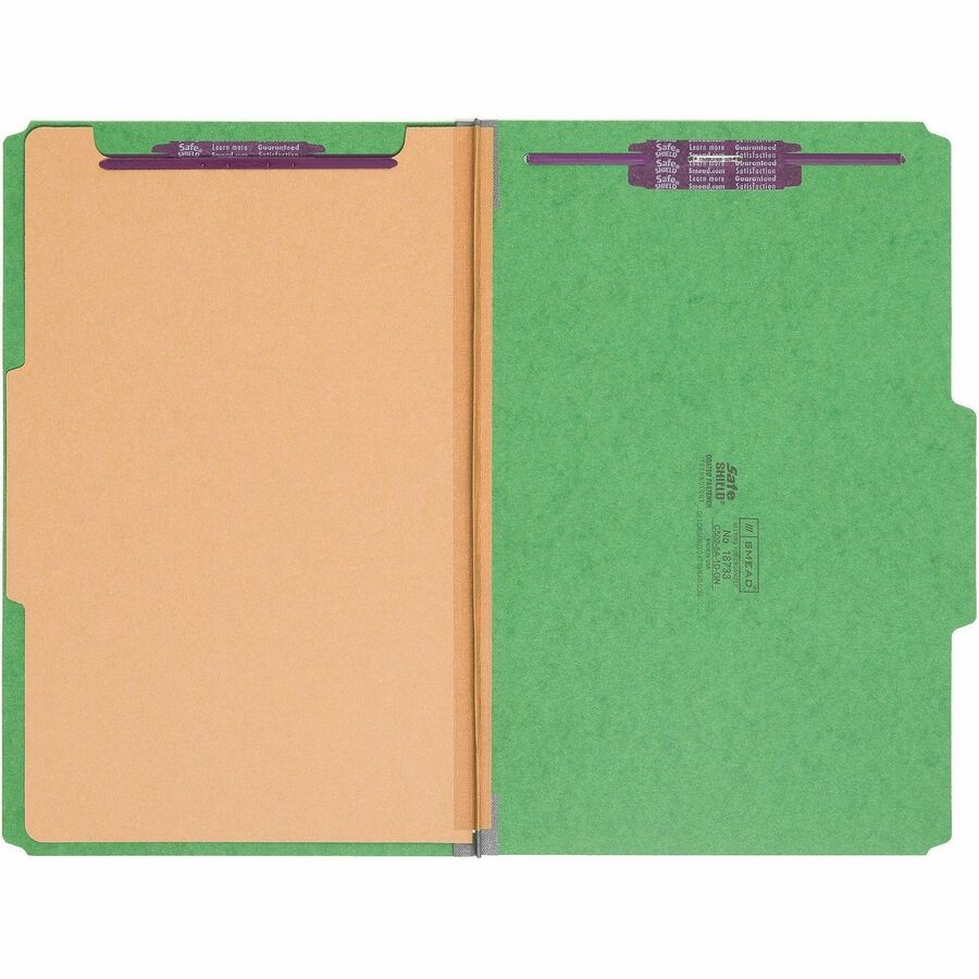 Four-Section Pressboard Top Tab Classification Folders, Four SafeSHIELD Fasteners, 1 Divider, Legal Size, Green, 10/Box