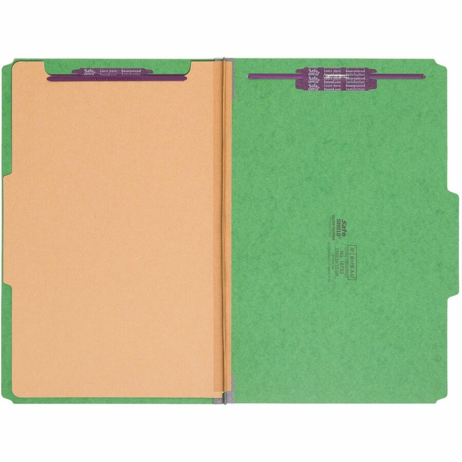 Four-Section Pressboard Top Tab Classification Folders, Four SafeSHIELD Fasteners, 1 Divider, Legal Size, Green, 10/Box