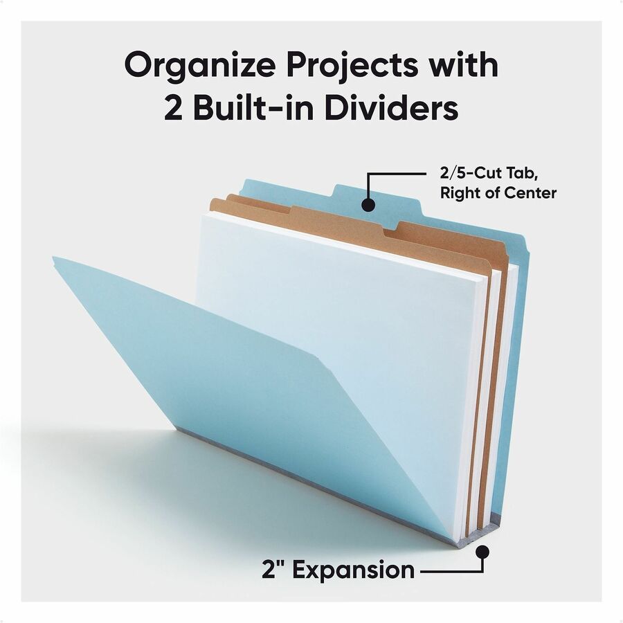 Six-Section Pressboard Top Tab Classification Folders, Six SafeSHIELD Fasteners, 2 Dividers, Legal Size, Blue, 10/Box