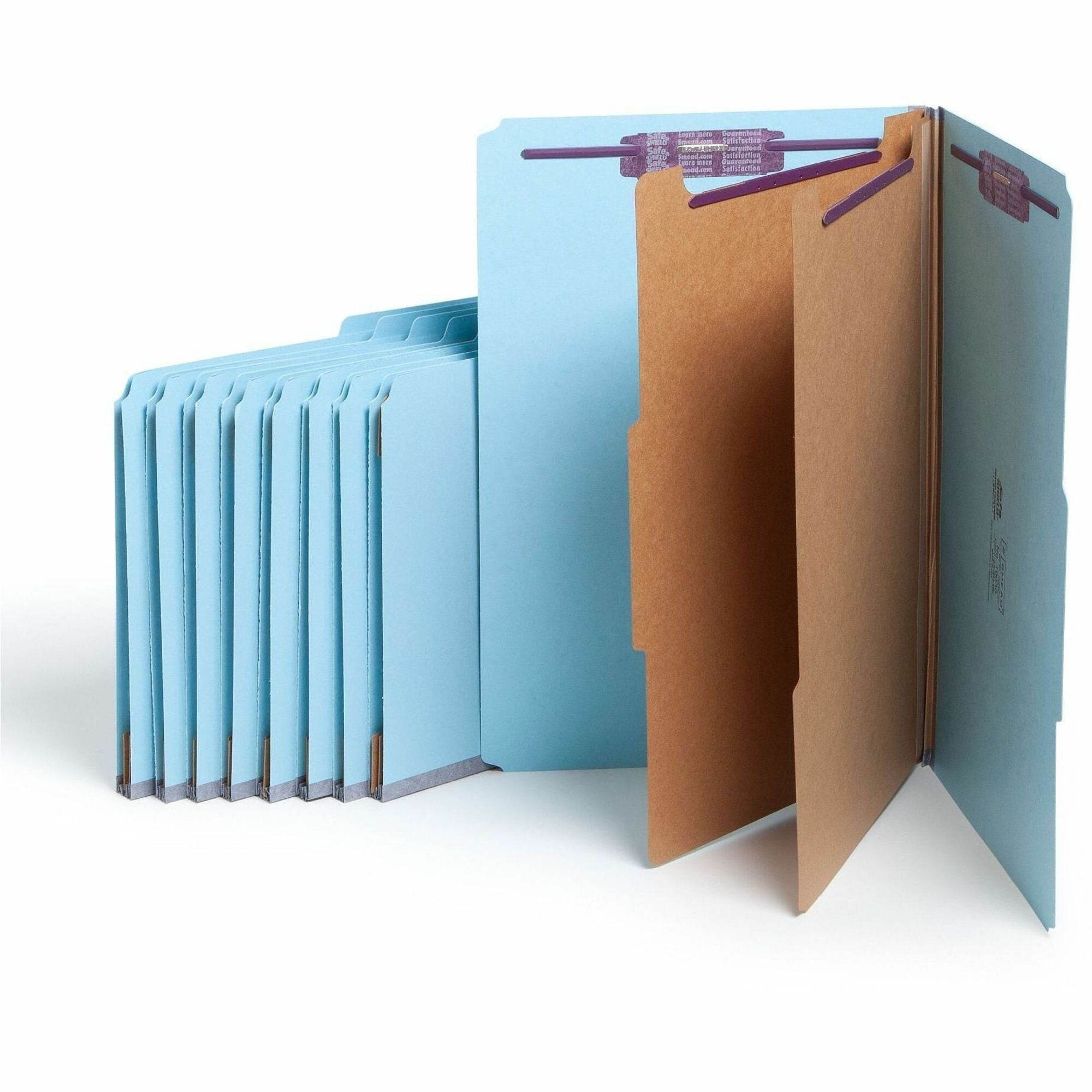 Six-Section Pressboard Top Tab Classification Folders, Six SafeSHIELD Fasteners, 2 Dividers, Legal Size, Blue, 10/Box