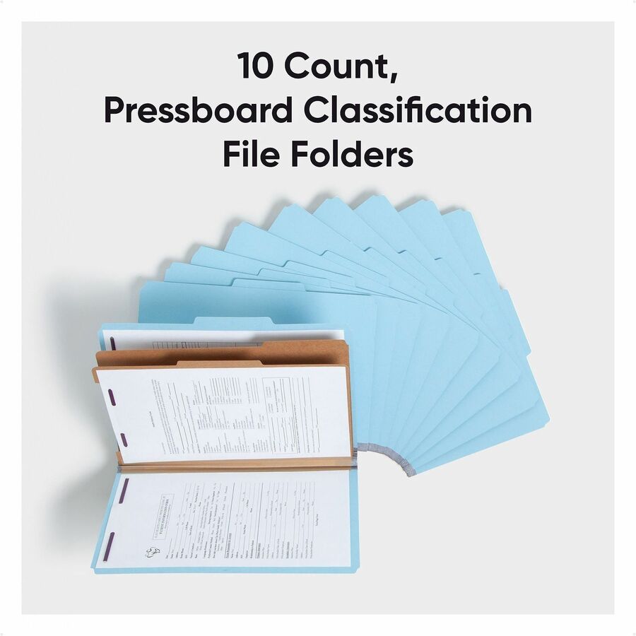 Six-Section Pressboard Top Tab Classification Folders, Six SafeSHIELD Fasteners, 2 Dividers, Legal Size, Blue, 10/Box