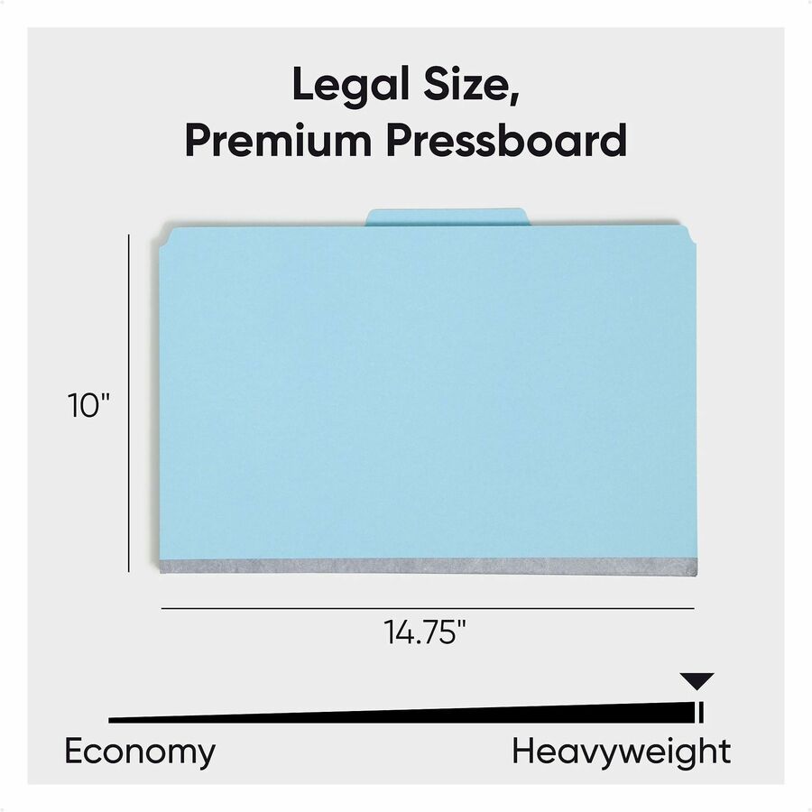 Six-Section Pressboard Top Tab Classification Folders, Six SafeSHIELD Fasteners, 2 Dividers, Legal Size, Blue, 10/Box